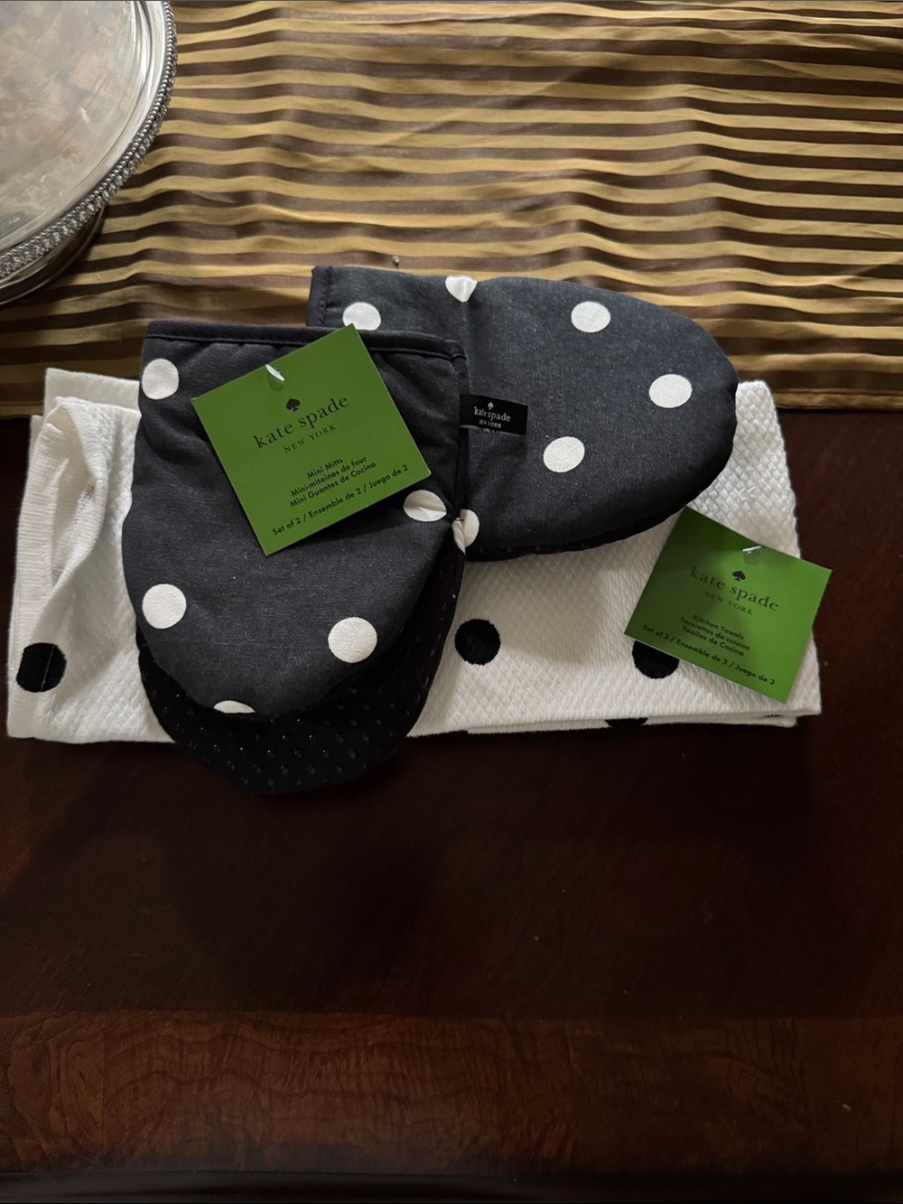 Kate Spade black and white polka dot oven mitts with towel set